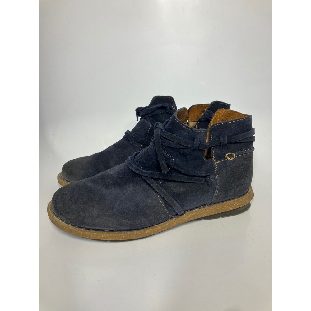Born Suede Ankle Boots Womens 9 Navy Blue Good Side Zip Wrap Lace Flat Booties